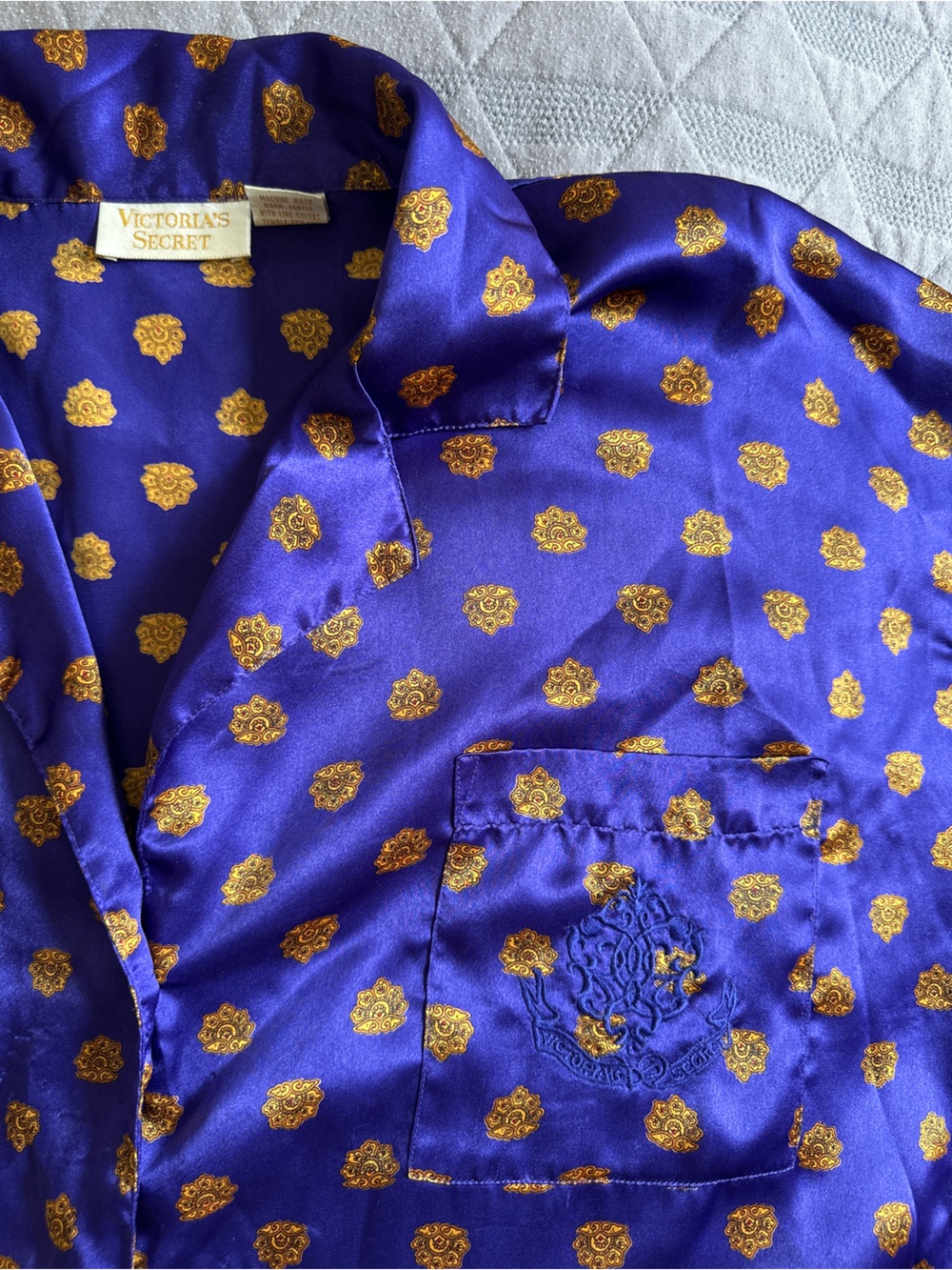 Vintage Victoria's Secret Royal Blue Gold Floral Satin Nightshirt Sleep Dress L